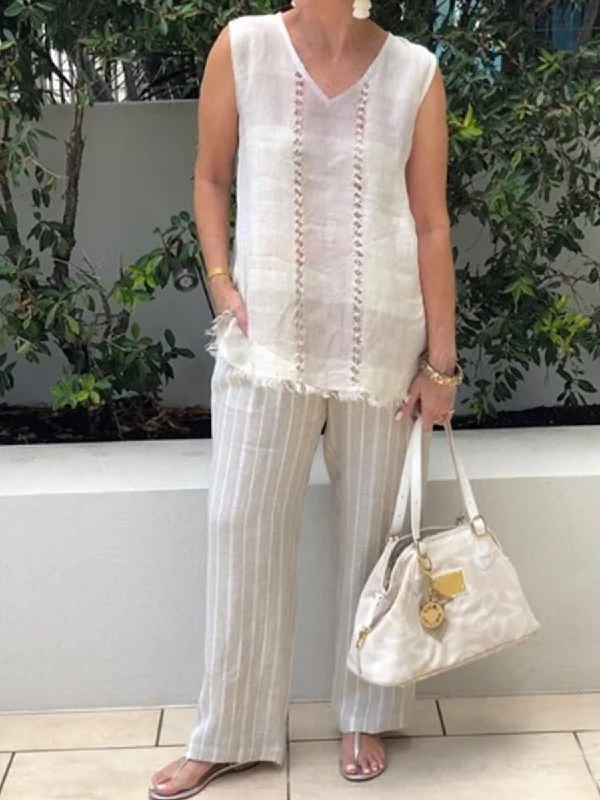Breathable Style Stylish Relaxed Clothing Cotton Linen Checked Round Neck Women's Suits