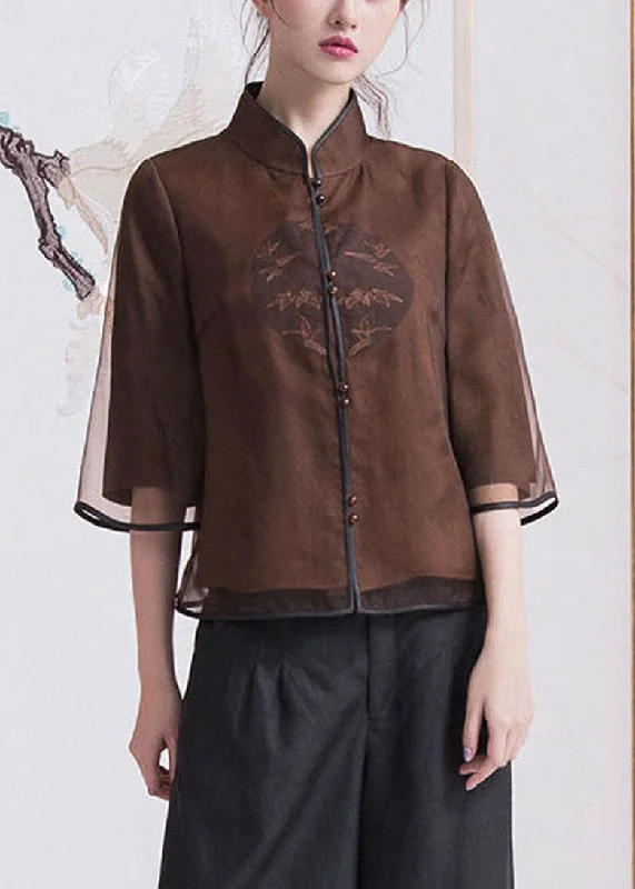 Everyday Outfits Effortless Street Chic Chinese Style Brown button Stand Collar Silk coats Half Sleeve