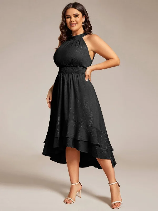 Modern Chic Casual Soft Layers Plus Size Glittery Sleeveless Halter Neck Midi Wedding Guest Dress