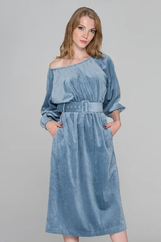 Layered Comfort Simple Comfort Choices Slate Blue Velvet Belted Midi Dress