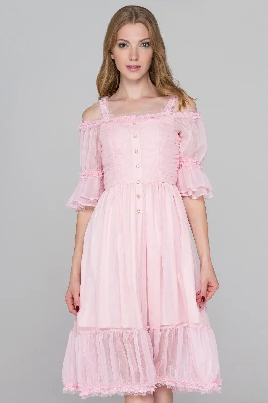 Soft Wear Warm Comfortable Fits Pink Fairy Ruffled Cold Shoulder Midi Dress