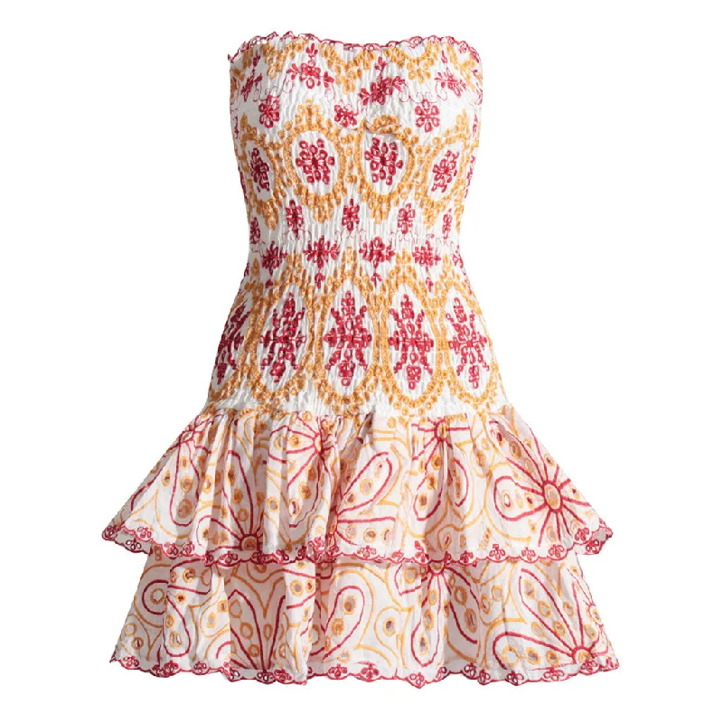 Urban Chic Effortless Cozy Wear Boho Floral Strapless Smocked Broderie Anglaise Tiered Ruffled Mini Dress