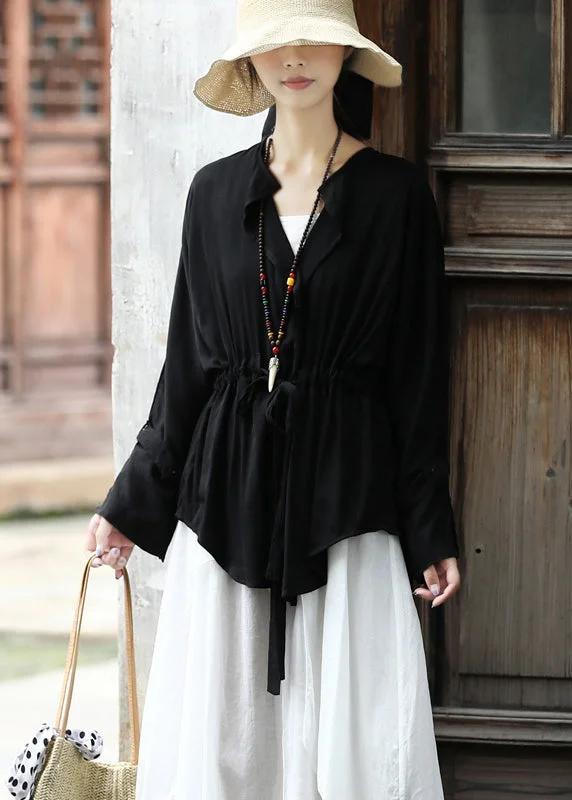 Easygoing Fashion Comfortable Warm Layers Original Design Black Cinched Tie Waist Cotton Shirt Tops Long Sleeve