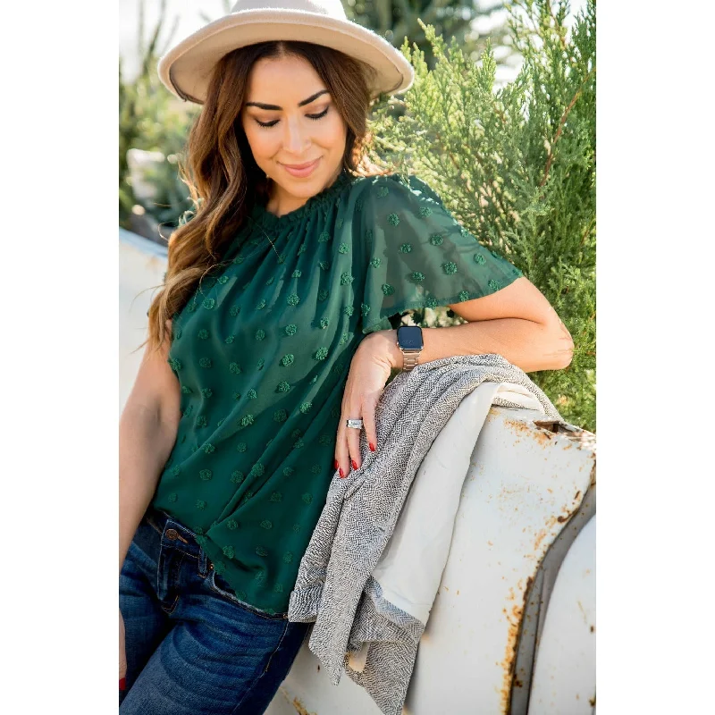 Effortless Dressing Simple Cozy Pieces Swiss Dot Cinched Neck Blouse
