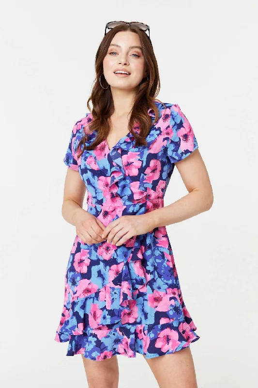 Versatile Outfits Comfortable Wear Choices Floral Frill Faux Wrap Short Dress