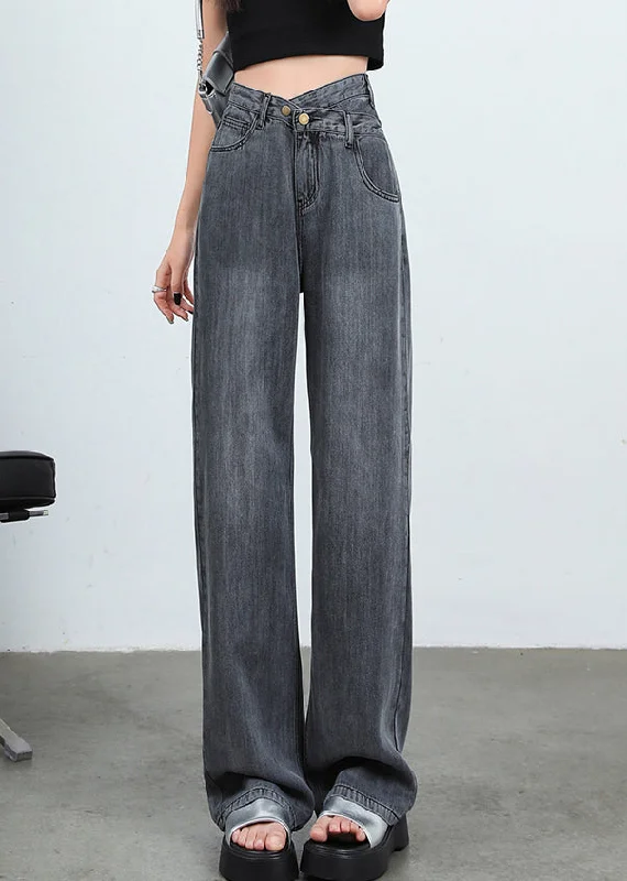 Relaxed Fashion Effortless Cozy Outfits Women Grey Button High Waist Denim Pants Spring