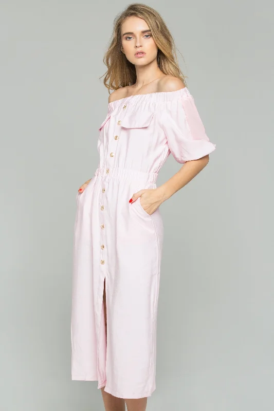 Breathable Comfort Relaxed Comfort Pieces Pink Chiffon Ruched Pleat Off-The-Shoulder Button-Down Long-Sleeved Midi Dress