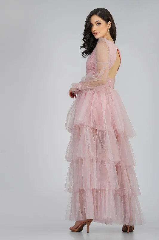 Easygoing Fashion Casual Soft Fit Salma Long Sleeve Tulle Maxi Dress in Pink