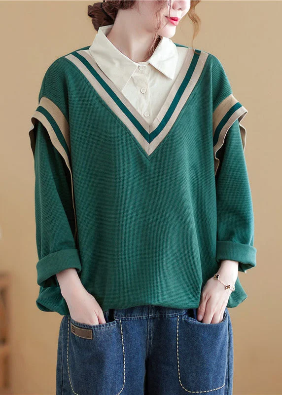 Comfortable Dresses Effortless Comfort Fit Natural Green Peter Pan Collar Patchwork Cotton Sweatshirts Top Spring