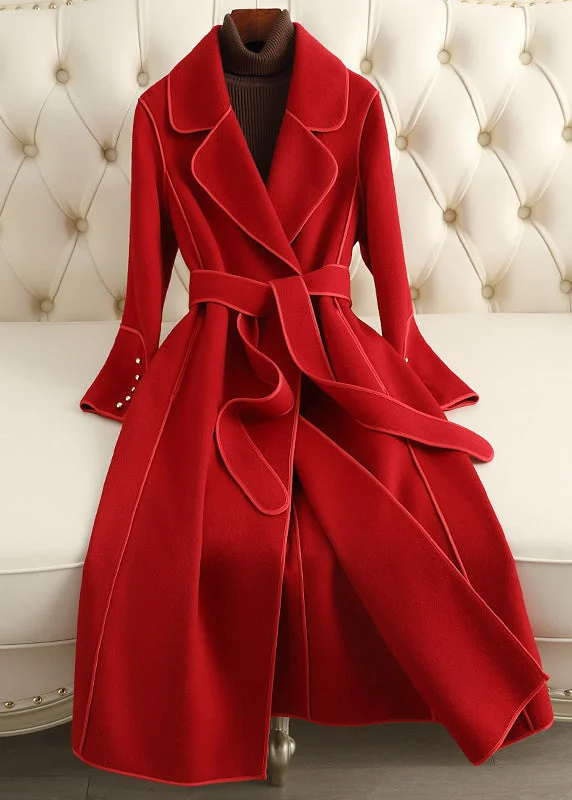 Relaxed Fit Streetwear Comfort Pieces Beautiful Red Notched Tie Waist Woolen Long Coats Fall