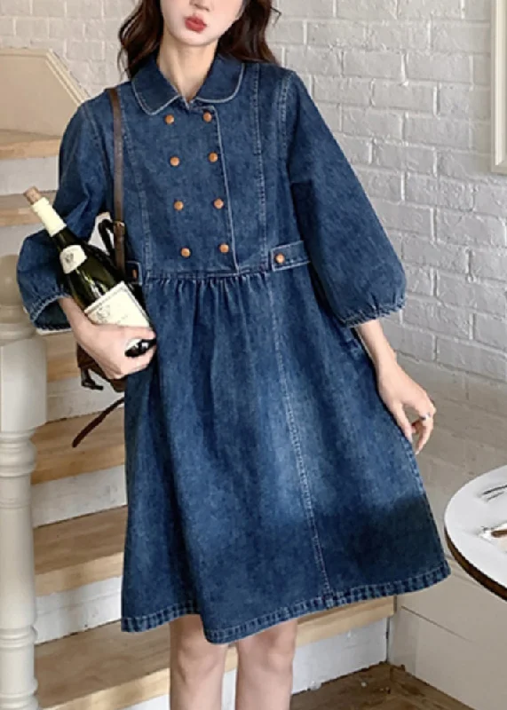 Comfy Pants Effortless Cozy Layers Women Navy Peter Pan Collar Wrinkled Patchwork Denim Long A Line Dress Spring