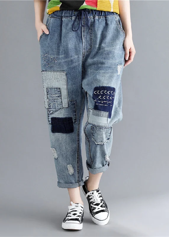 Everyday Outfits Soft Wear Pieces Boho Blue Elastic Waist Patchwork Applique Denim Pants Spring