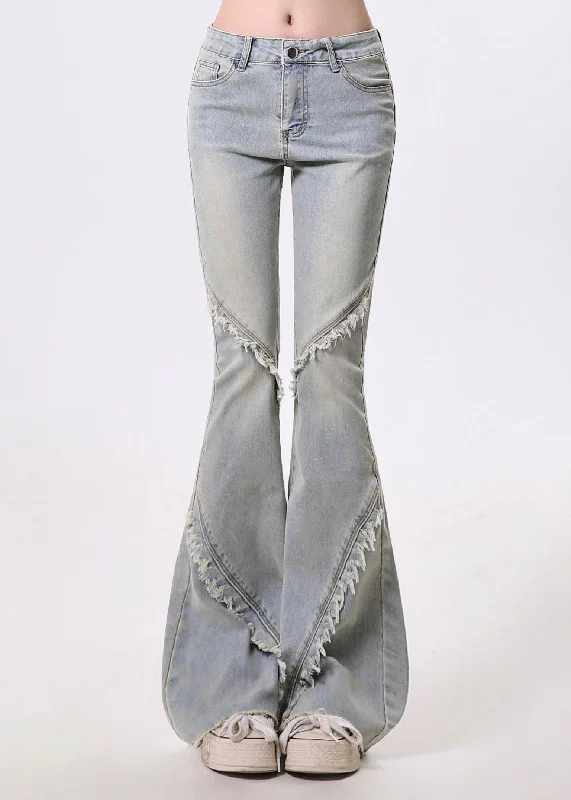 Versatile Style Warm Soft Clothing Silm Fit Blue Tasseled Patchwork Denim Bell-bottom Trousers Spring