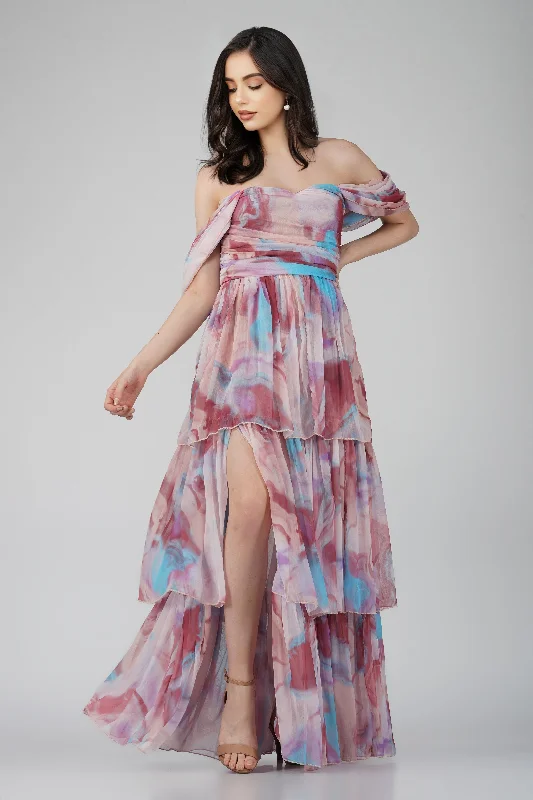 Soft Comfort Simple Chic Options Sydney Chiffon Maxi Dress in Burgundy Print