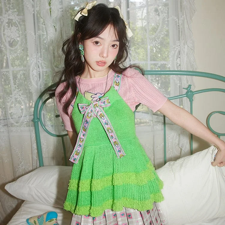 Comfy Dress Trendy Street Comfort Wear Women's Pink Kawaii Bowknot Splice Draped Knitted Vest