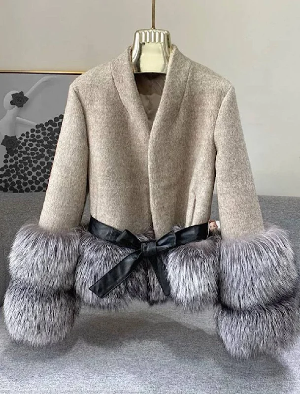 Cozy Apparel Cozy Clothing Choices Cashmere Jacket with Dusty Black Fox Fur Trim Leather Waist Tie Cozy Apparel Cozy Clothing Choices Cashmere Jacket with Dusty Black Fox Fur Trim Leather Waist Tie