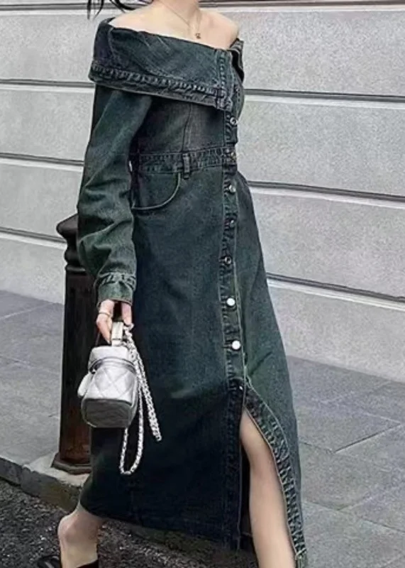 Cozy Knits Cozy Everyday Wear Fashion Blue Slash Neck Patchwork Side Open Denim Long Dresse Puff Sleeve