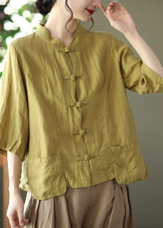 Weekend Comfort Soft Wear Fit Natural Green Mandarin Collar Linen Blouses Bracelet Sleeve