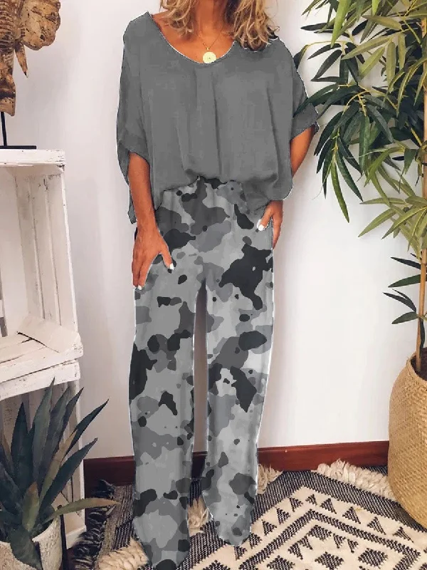 Stylish Wear Simple Comfort Trends Fashionable Casual Loose Top Pants Camouflage Print Suit