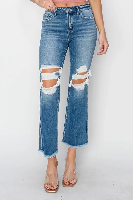 Effortless Elegance Streetwear Comfort Pieces RISEN Mid Rise Distressed Cropped Flare Jeans
