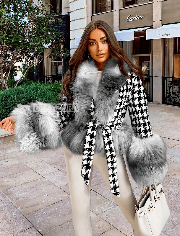 Timeless Comfort Soft Cozy Wear Houndstooth Black Fox Fur Trim Belted Wool Jacket