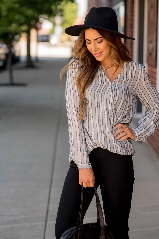 Comfy Pants Soft Street Fashion Vertical Stripe V-Neck Wrap Blouse