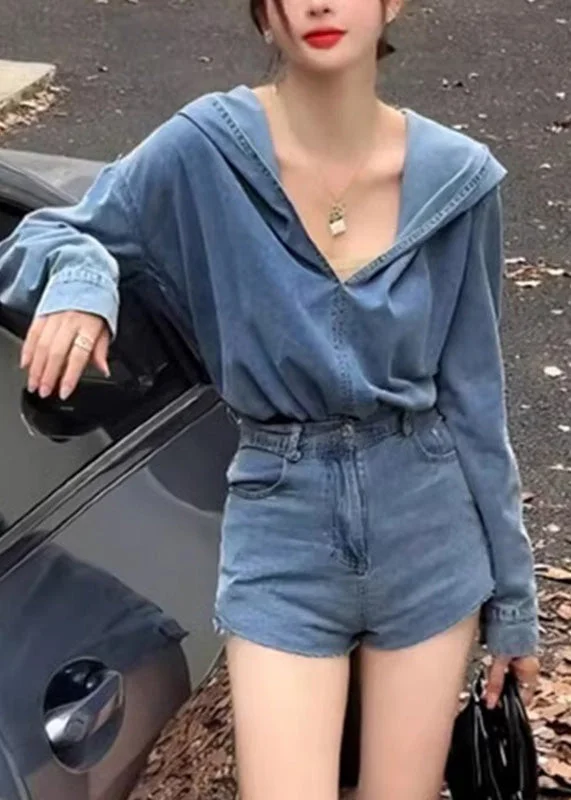 Soft Layers Fashionable Cozy Looks Casual Blue Denim Hooded Top And Shorts Two Pieces Set Spring