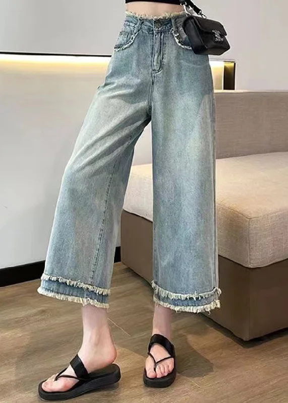 Elegant Fit Soft Wearable Comfort Fashion Blue Tasseled Pockets Denim Wide Leg Pants Spring