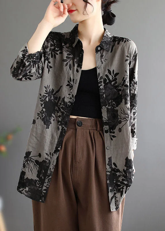 Relaxed Dresses Comfortable Chic Wearables Organic Grey Peter Pan Collar Print Button Tops Long Sleeve Relaxed Dresses Comfortable Chic Wearables Organic Grey Peter Pan Collar Print Button Tops Long Sleeve