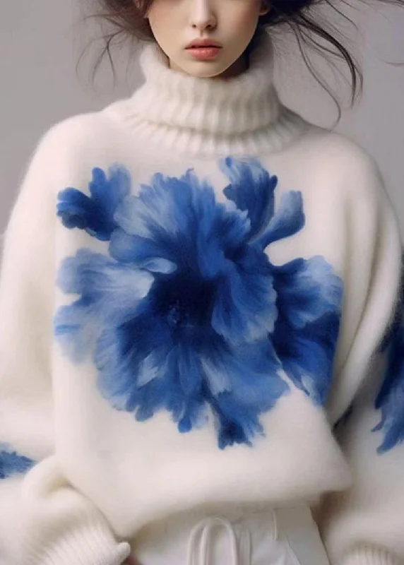 Casual Chic Wear Practical Soft Layers Art White Turtleneck Print Wool Knit Sweaters Spring Casual Chic Wear Practical Soft Layers Art White Turtleneck Print Wool Knit Sweaters Spring