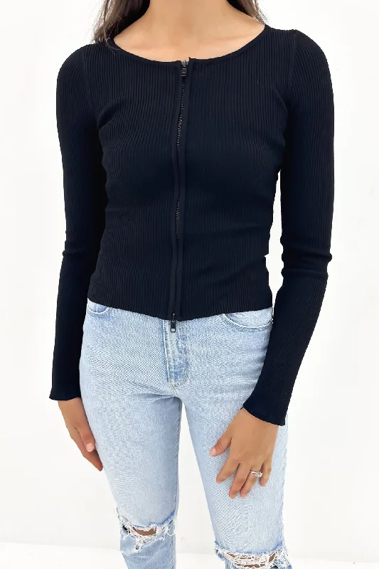 Breathable Comfort Soft Casual Wearable Dilon Ribbed Long Sleeve Top Black
