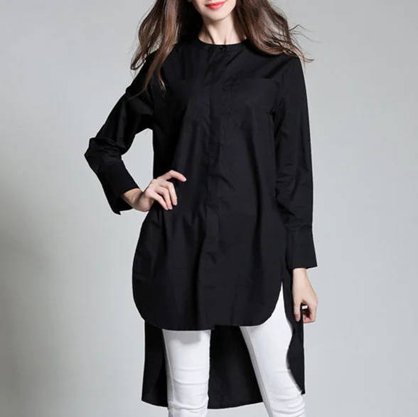 Soft Feel Cozy Chic Styles New white Midi-length cotton t shirt plus size clothing cotton maxi t shirts fine stand collar low high design cotton t shirt