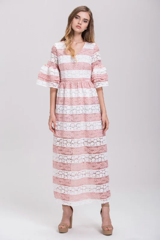 Everyday Comfort Warm Soft Clothing Striped Pink Lace Tiered Ruffle Sleeved Maxi Dress