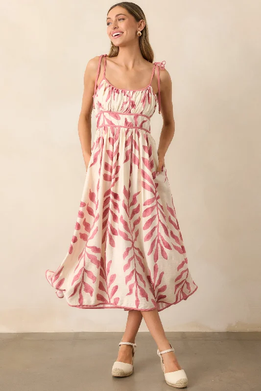 Comfortable Sweaters Affordable Soft Fit Peaceful Palms Pink Tropical Print Midi Dress