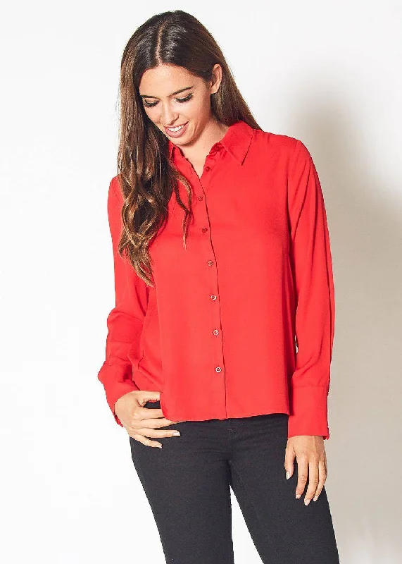 Easy-to-Wear Cozy Smart Wear Pleione Women's Button Up Basic Everyday Shirt in Red
