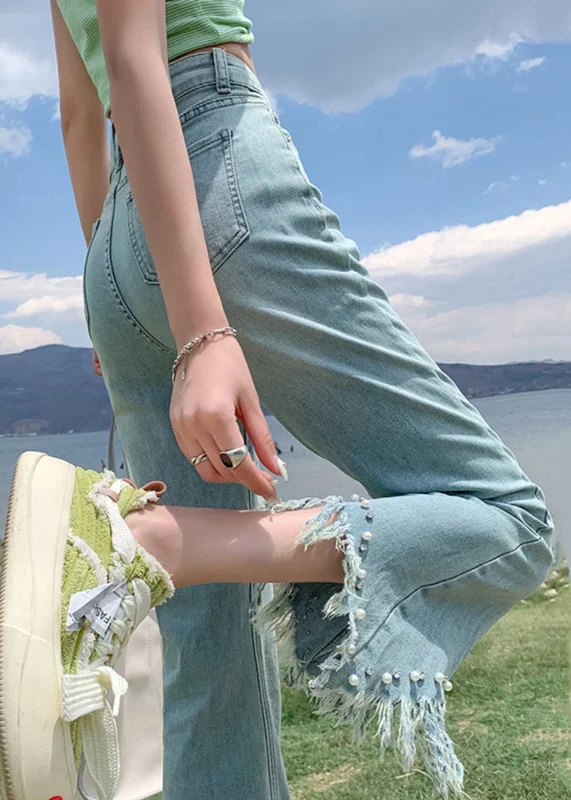 Cozy Outerwear Warm Street Style New Blue Tasseled Nail Bead High Waist Denim Crop Pants Summer
