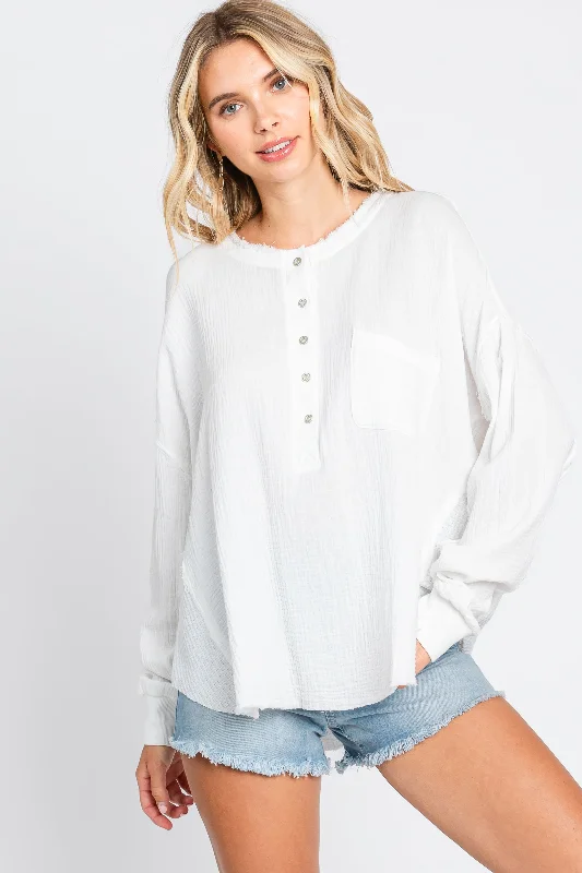 Trendy Looks Comfortable Chic Wearables White Front Button Drop Shoulder Long Sleeve Top