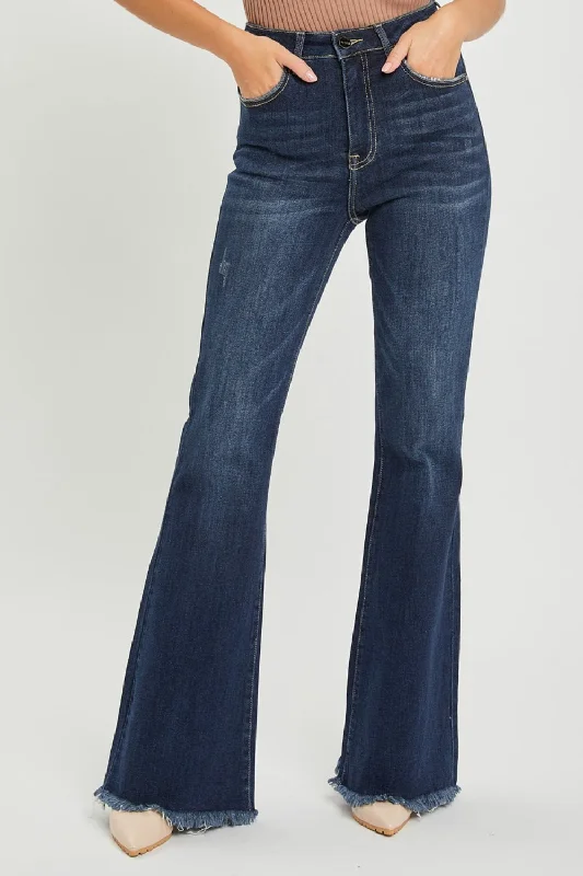 Cozy Pants Comfortable Wear Choices RISEN High Waist Raw Hem Flare Jeans
