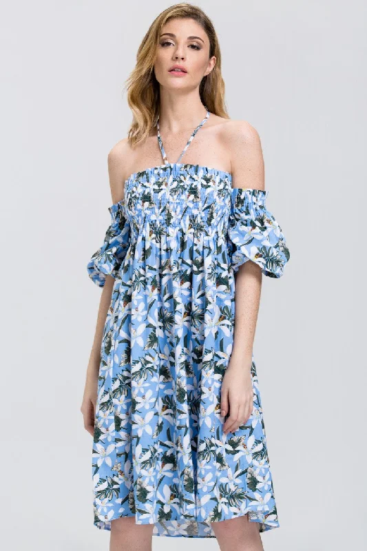 Easy-to-Wear Soft Wearable Comfort Tropical Flower Print Off the Shoulder Midi Dress