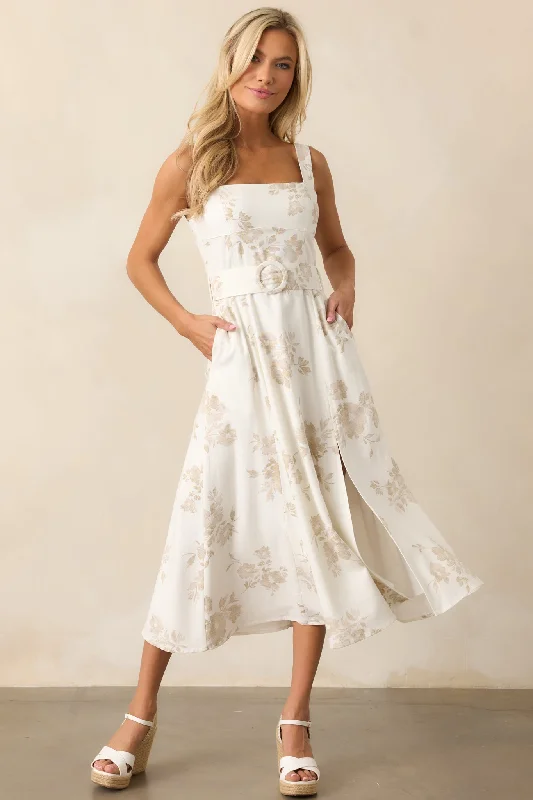 Cozy Chic Effortless Cozy Outfits Drift Away Ivory Floral Midi Dress