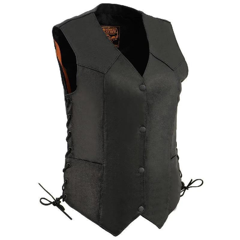 Relaxed Fit Practical Warm Clothing Milwaukee Leather MLL4546 Women's Black Premium Leather Lightweight 4-Snap V-Neck Side Lace Motorcycle Rider Vest