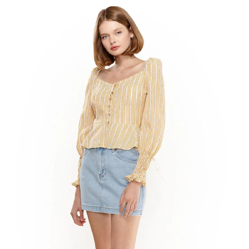 Stylish Wear Cozy Layered Wearables Women's Smocked Cuff Button Front Peplum Blouse in Yellow