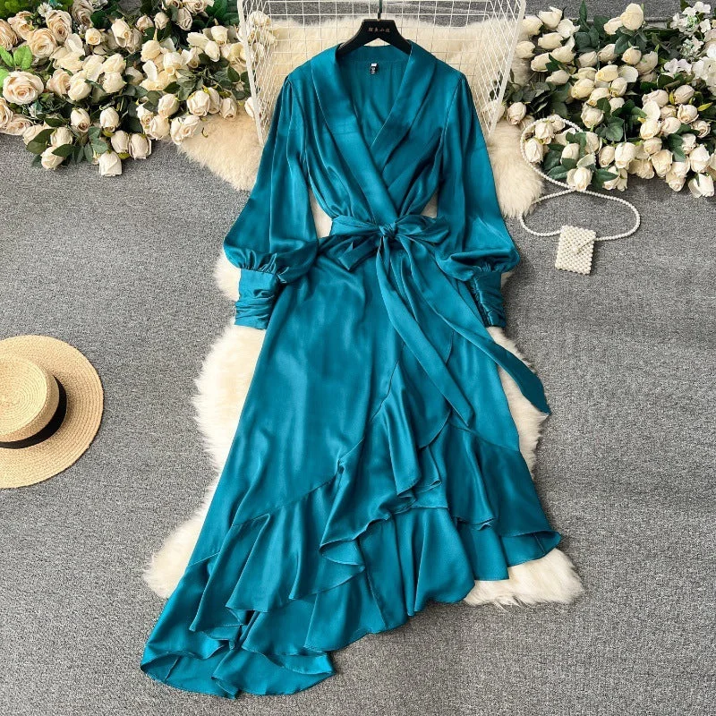 Comfy Dress Relaxed Layered Looks Long Sleeve Lace-up Waist Trimming Ruffles Irregular Suit Skirt Dress