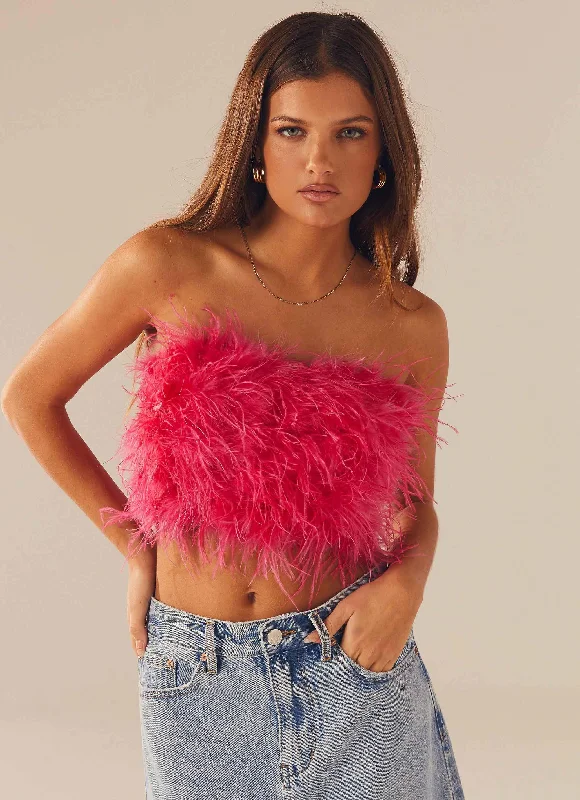 Easy Chic Comfortable Layering Options The Night Is Ours Feather Crop Top - Pink Cosmo