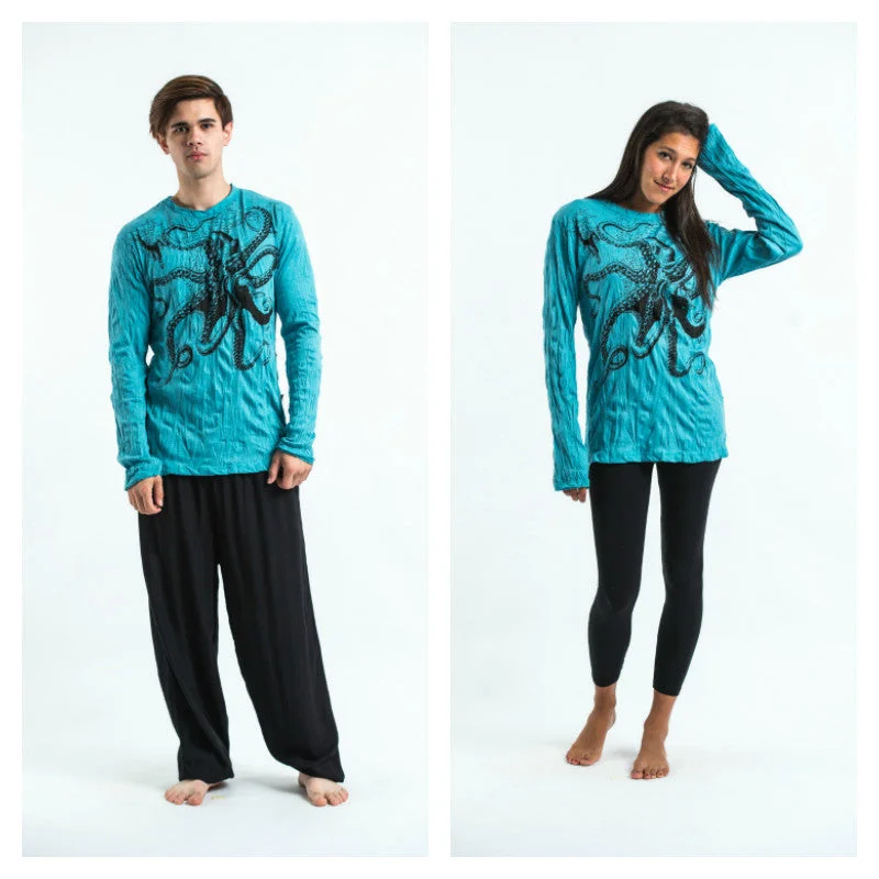 Soft Knitwear Simple Comfort Trends Unisex Octopus Long Sleeve T-Shirt in Turquoise