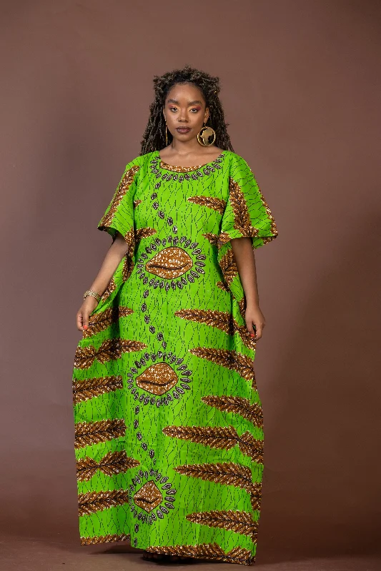Cozy Outerwear Practical Chic Pieces Geni Ankara Maxi Dress | Green and Brown African Print Cozy Outerwear Practical Chic Pieces Geni Ankara Maxi Dress | Green and Brown African Print