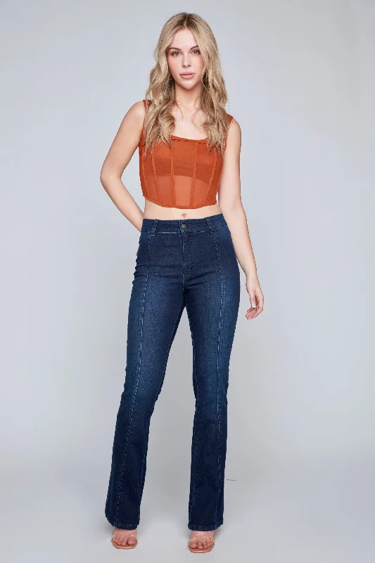 Soft Fabrics Simple Cozy Pieces STEVIE - Mid Rise Pintuck Flare Jean - Vintage Dark Indigo Rinse Flex Denim