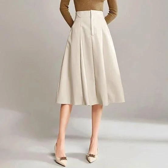 Soft Feel Relaxed Layered Looks High Waist A-Line Knee-Length Black PU Leather Skirt
