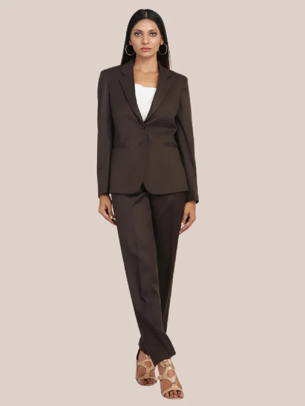 Weekend Style Fashionable Cozy Wear Poly Cotton Pant Suit - Chocolate Brown