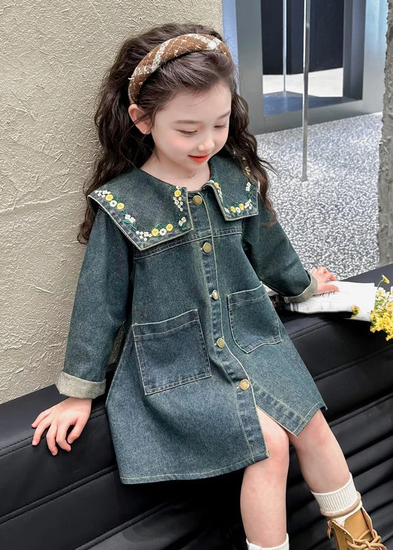 Breezy Style Cozy Everyday Wear Boutique Denim Blue Peter Pan Collar Patchwork Pockets Kids Maxi Dresses Spring